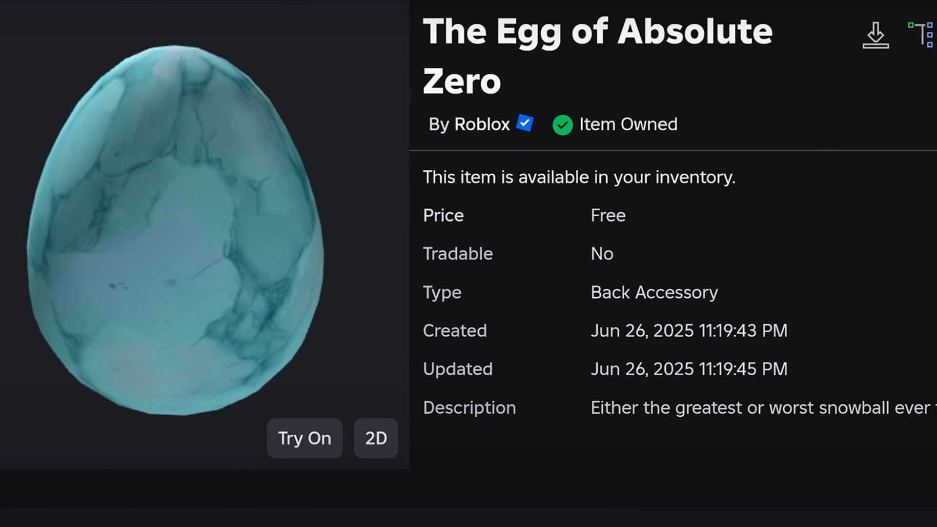 The Egg of Absolute Zero (Image via Roblox)
